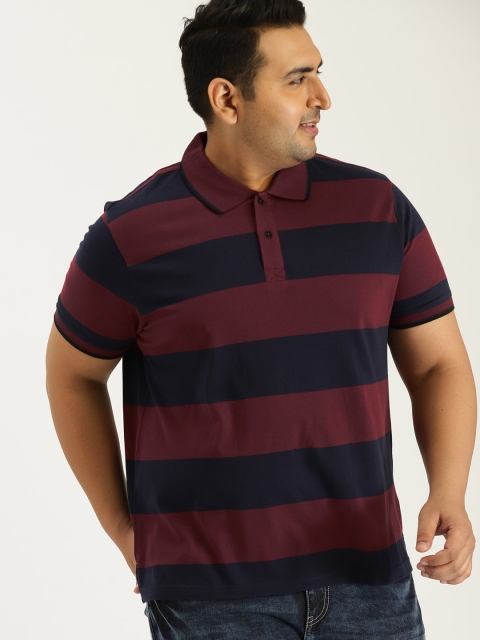 

Sztori Plus Size Men Burgundy Striped Polo Collar T-shirt
