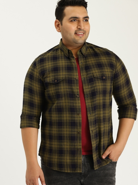

Sztori Plus Size Men Green Navy Blue Checked Casual Shirt