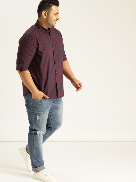 

Sztori Plus Size Men Red Navy Blue Checked Casual Shirt