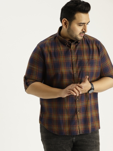 

Sztori Plus Size Men Navy Blue Olive Green Checked Casual Shirt