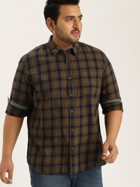 

Sztori Plus Size Men Olive Green Navy Blue Checked Casual Shirt