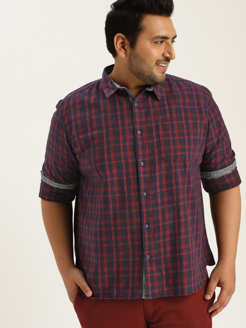 

Sztori Plus Size Men Navy Blue Maroon Checked Casual Shirt