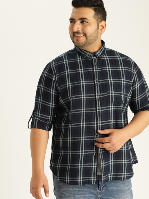 

Sztori Plus Size Men Navy Blue White Checked Casual Shirt