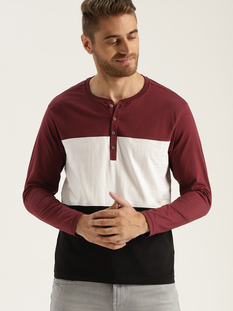 

Sztori Plus Size Men Burgundy Colourblocked Henley Neck T-shirt
