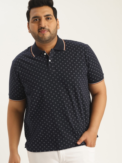 

Sztori Plus Size Men Navy Blue White Printed Polo Collar T-shirt