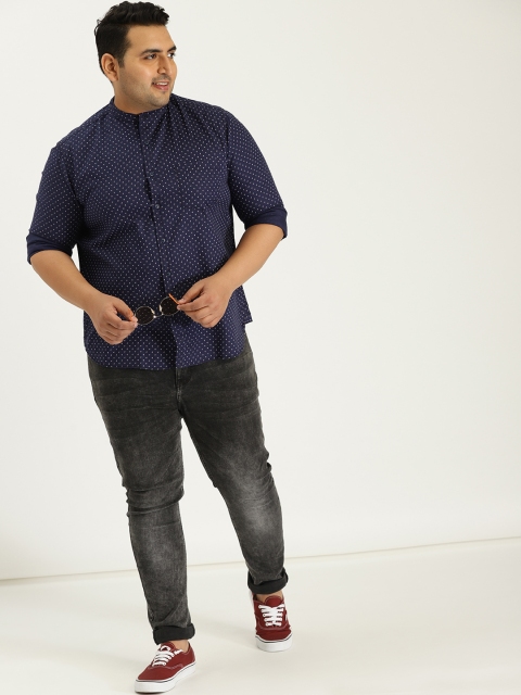 

Sztori Plus Size Men Navy Blue White Printed Casual Shirt