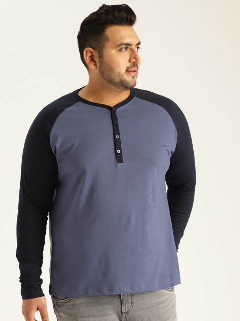 

Sztori Plus Size Men Blue Solid Henley Neck T-shirt