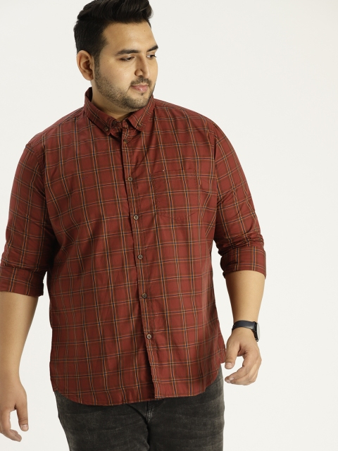 

Sztori Plus Size Men Rust Red Navy Blue Checked Casual Shirt