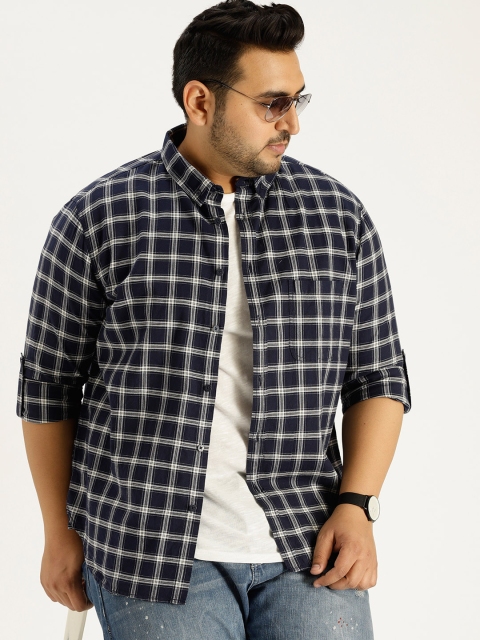 

Sztori Plus Size Men Navy Blue White Checked Casual Shirt