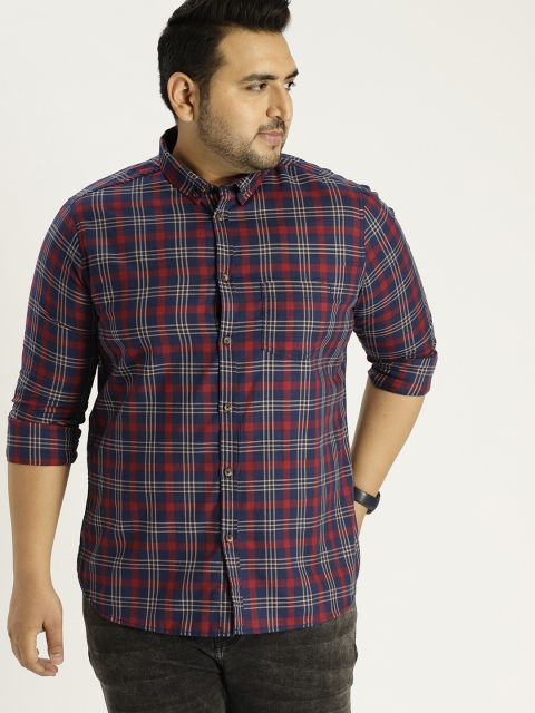 

Sztori Plus Size Men Navy Blue Maroon Checked Casual Shirt