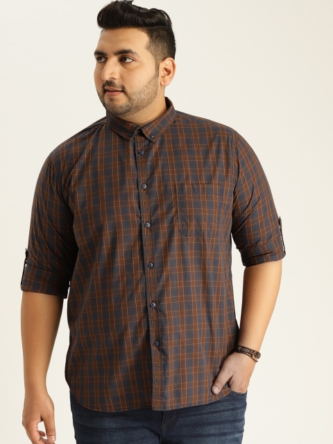 

Sztori Plus Size Men Brown Navy Blue Checked Casual Shirt