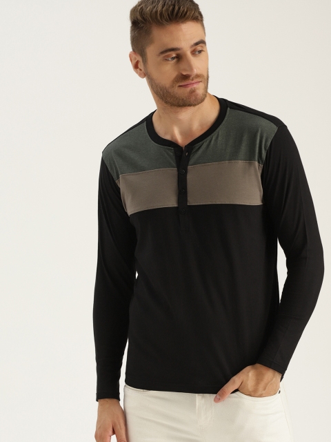 

Sztori Plus Size Men Black Colourblocked Henley Neck T-shirt