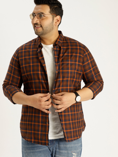 

Sztori Plus Size Men Navy Blue Orange Checked Casual Shirt