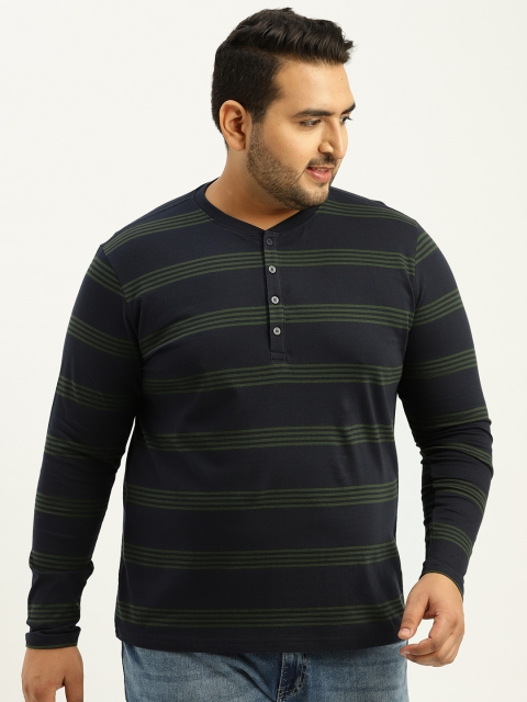 

Sztori Plus Size Men Navy Blue Striped Henley Neck T-shirt