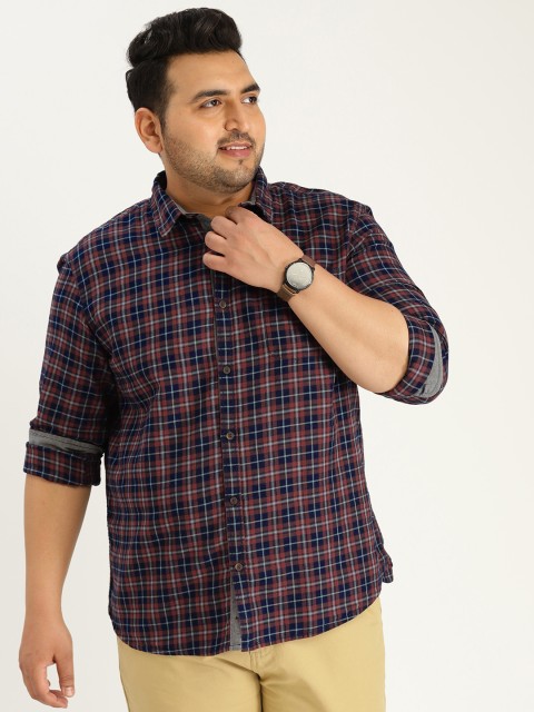 

Sztori Plus Size Men Navy Blue Rust Red Checked Casual Shirt