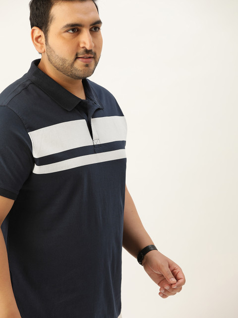 

Sztori Men Plus Size Navy Blue & White Striped Cotton Polo Collar T-shirt