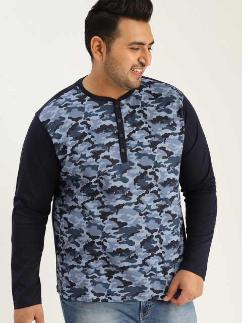 

Sztori Plus Size Men Navy Blue Printed Henley Neck T-shirt