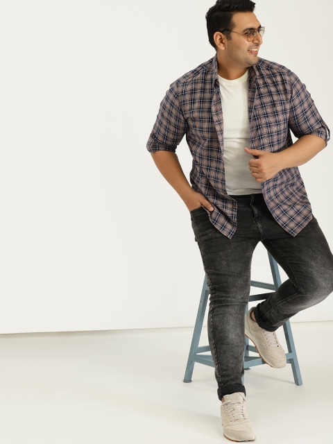 

Sztori Plus Size Men Peach-Coloured Navy Blue Checked Casual Shirt