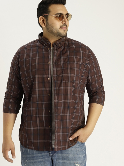 

Sztori Plus Size Men Brown Navy Blue Checked Casual Shirt