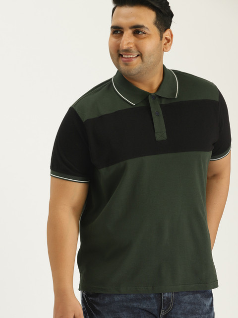

Sztori Plus Size Men Olive Green Black Colourblocked Polo Collar T-shirt