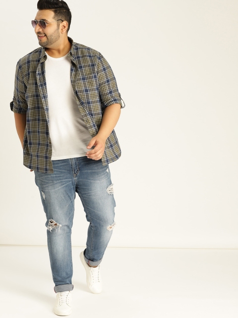 

Sztori Plus Size Men Olive Green Blue Checked Casual Shirt