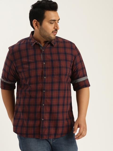 

Sztori Plus Size Men Rust Brown Navy Blue Checked Casual Shirt
