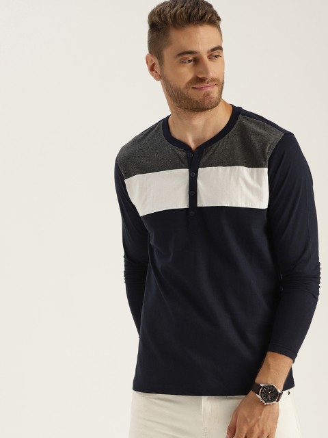 

Sztori Plus Size Men Navy Blue Colourblocked Henley Neck T-shirt