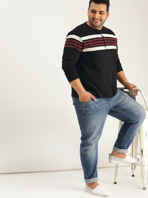 

Sztori Plus Size Men Black Striped Henley Neck T-shirt