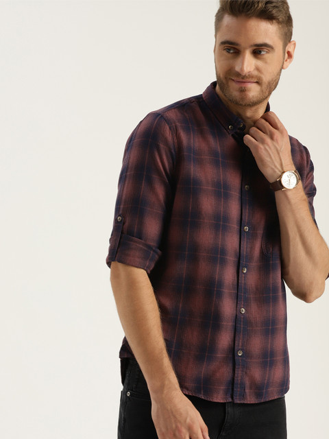 

Sztori Plus Size Men Burgundy Navy Blue Checked Casual Shirt
