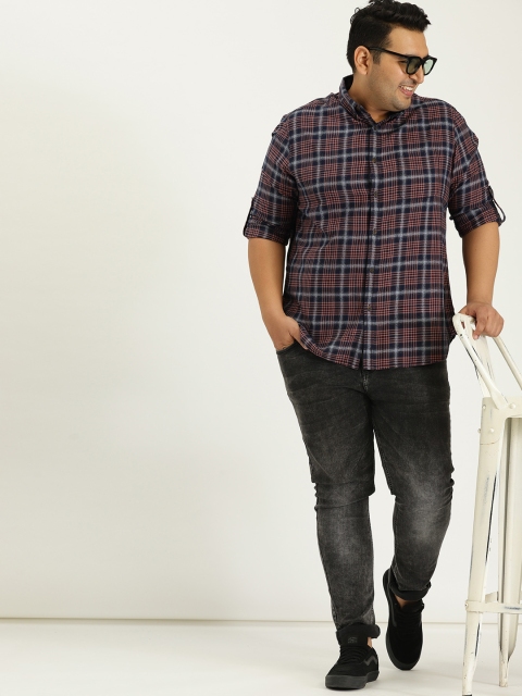 

Sztori Plus Size Men Blue Peach-Coloured Checked Casual Shirt