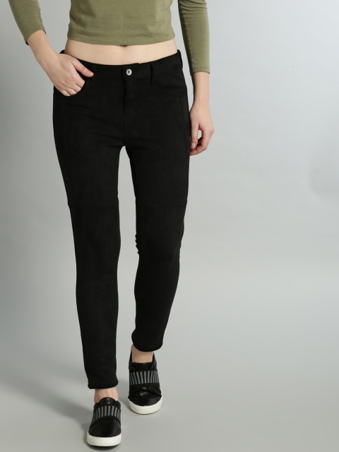 

Roadster Women Black Solid Skinny Fit Faux Suede Denim Trousers