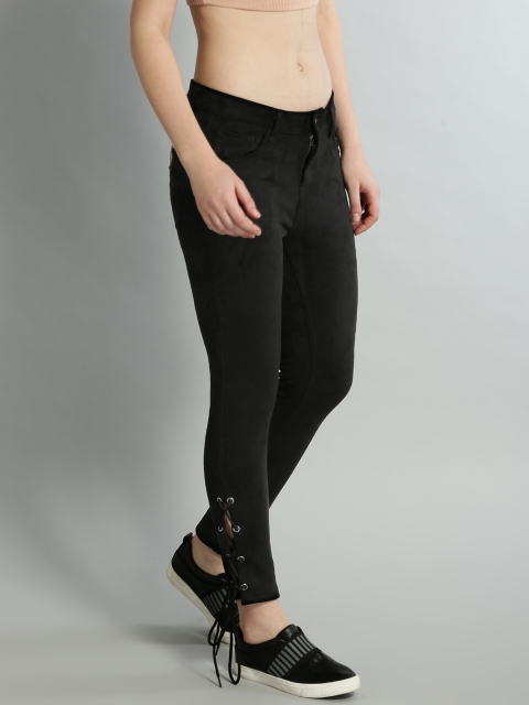 

Roadster Women Black Solid Skinny Fit Suede Denim Trousers