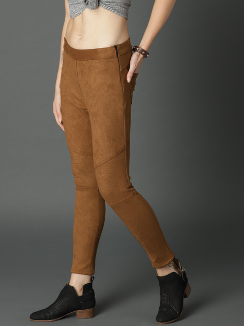 

Roadster Women Tan Solid Suede Jeggings