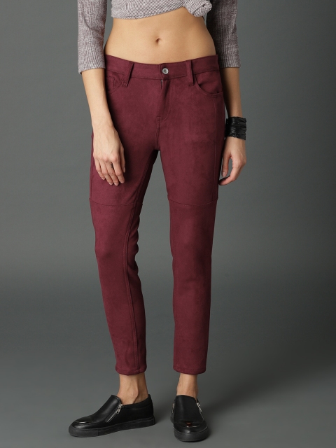 

Roadster Women Burgundy Skinny Fit Faux Suede Cropped Trousers