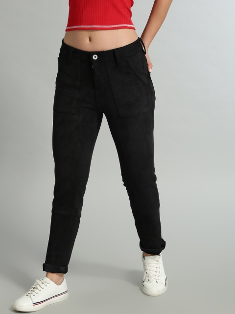 

Roadster Women Black Solid Skinny Fit Faux Suede Trousers
