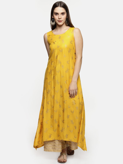 

RANGMANCH BY PANTALOONS Women Mustard & Gold-Toned Printed A-Line Kurta