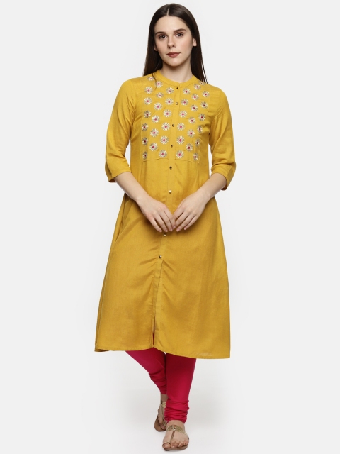

RANGMANCH BY PANTALOONS Women Mustard Embroidered Straight Kurta