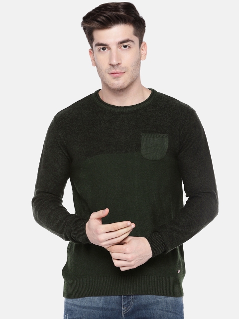 

People Men Olive Green & Black Self Design Pullover