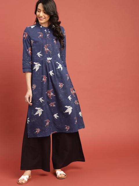 

Taavi Women Blue & Black Indigo A-Line Pleated Sustainable Kurta with Palazzos