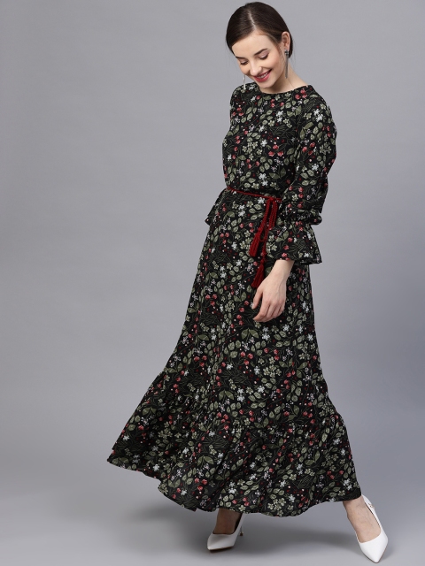 

STREET 9 Women Black & Olive Green Printed Maxi Dress