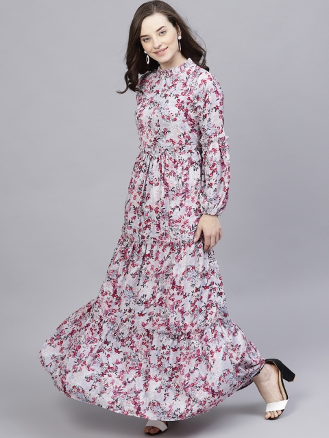 

STREET 9 Women Grey & Coral Pink Printed Tiered Maxi Dress