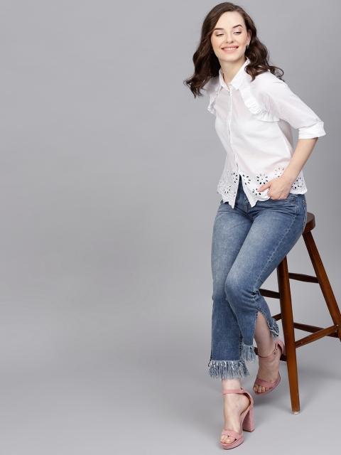 

STREET 9 Women White Regular Fit Casual Shirt with Schiffli Embroidery