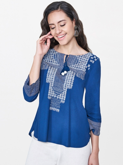 

Global Desi Women Blue Printed Top