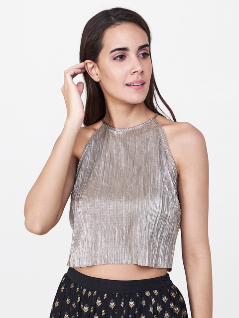 

Global Desi Women Gold-Toned Solid Cropped Top