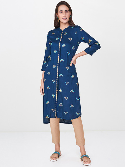 

Global Desi Women Navy Blue Printed Straight High-Low Hem Kurta