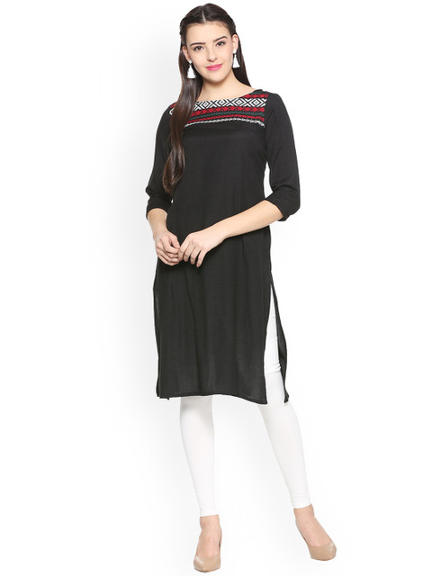 

People Women Black Embroidered Straight Kurta