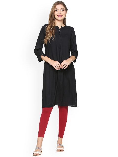 

People Women Black Solid Straight Kurta