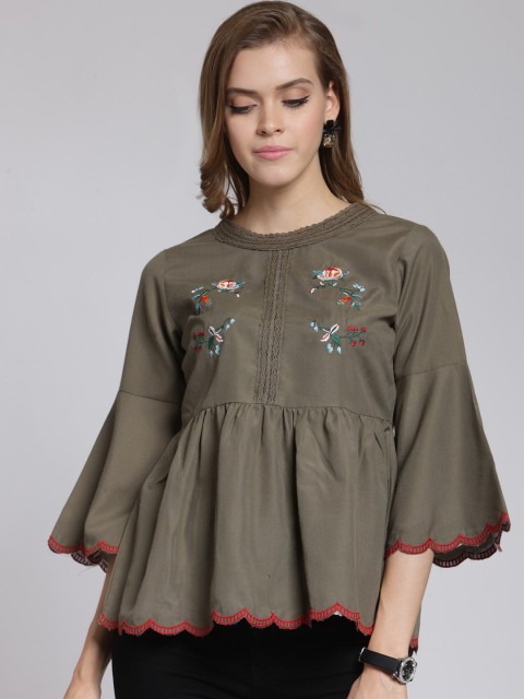 

plusS Women Olive Green Self Design Peplum Top