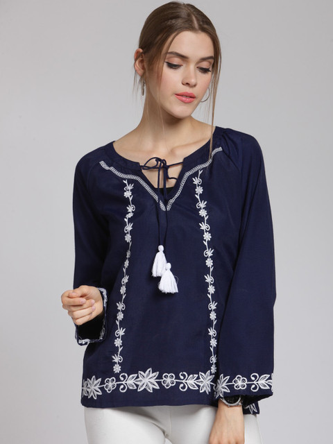 

plusS Women Navy Blue Embellished A-Line Top