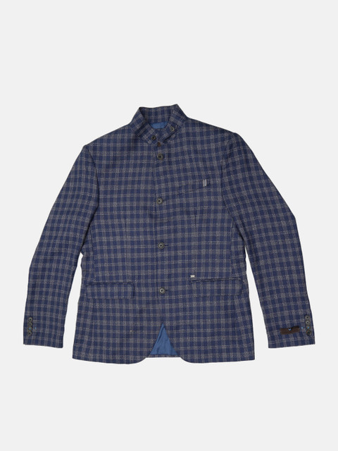 

Blackberrys Men Navy Blue Checked Ethnic Bandhgala Blazer